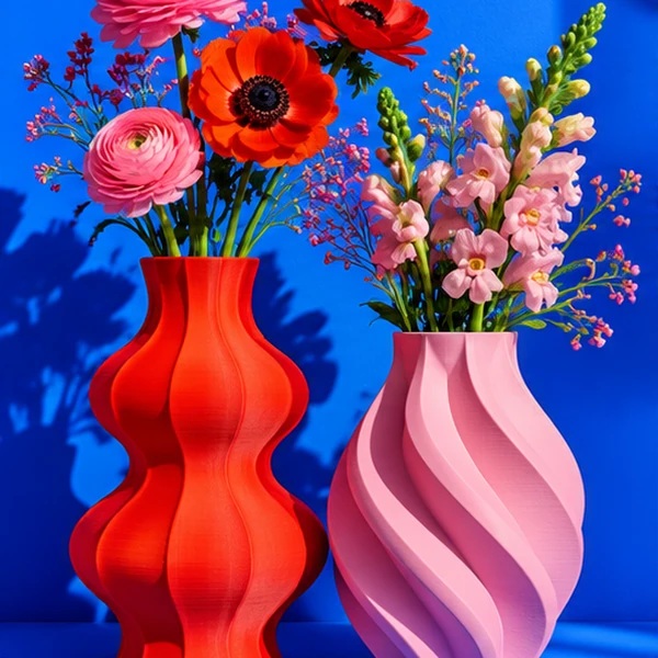 Vases imprimés en 3D et fleurs sur fond bleu