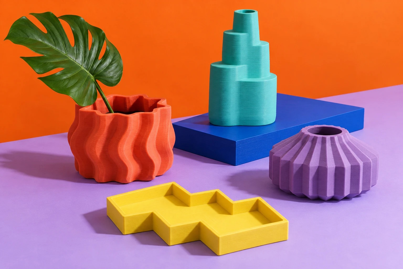 Vase turquoise, cache-pot corail, vase violet et plateau jaune sur un décor orange et lavande